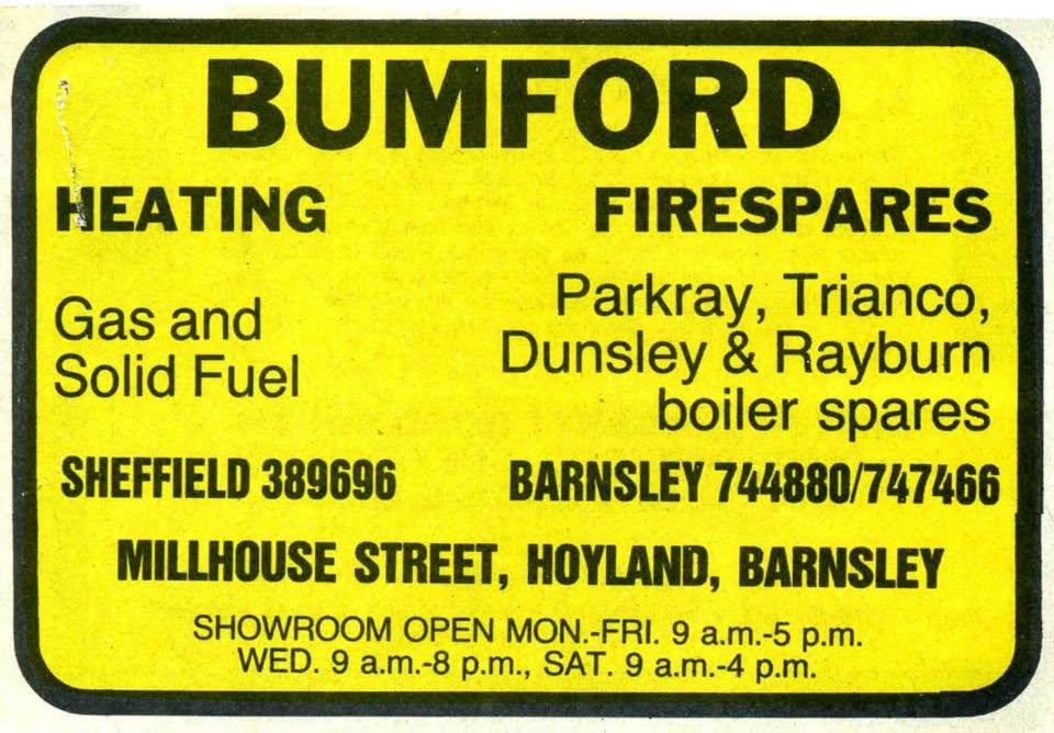 Historic yellow Bumfords heating advertisement